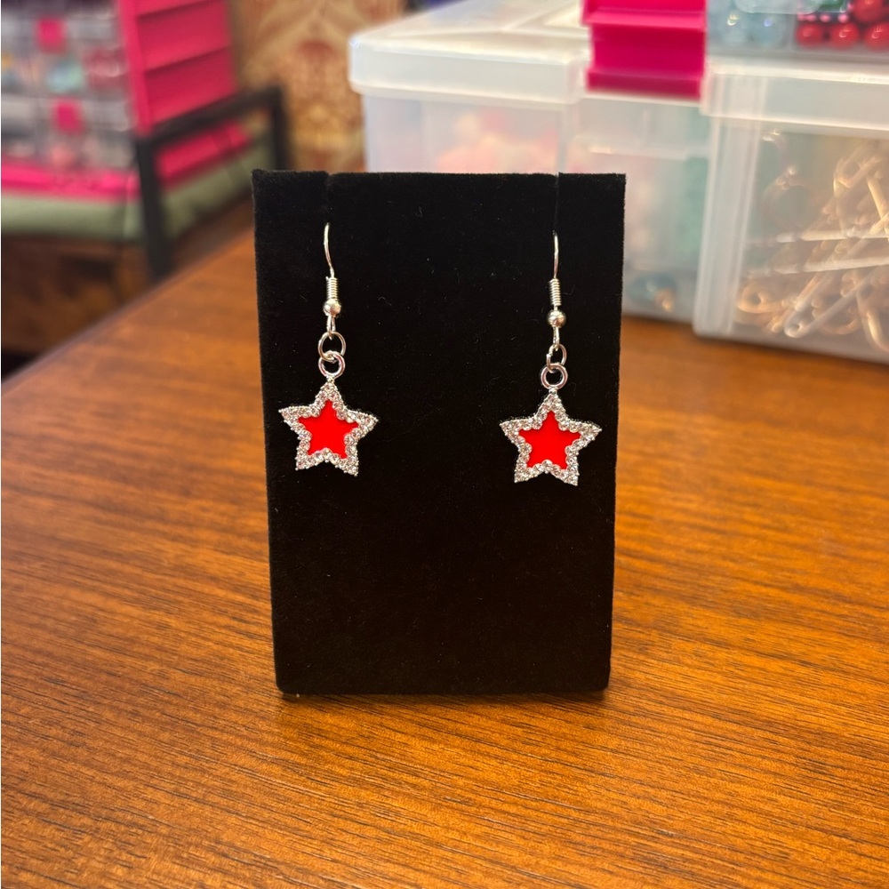 New bling Red Star silver tone Earrings